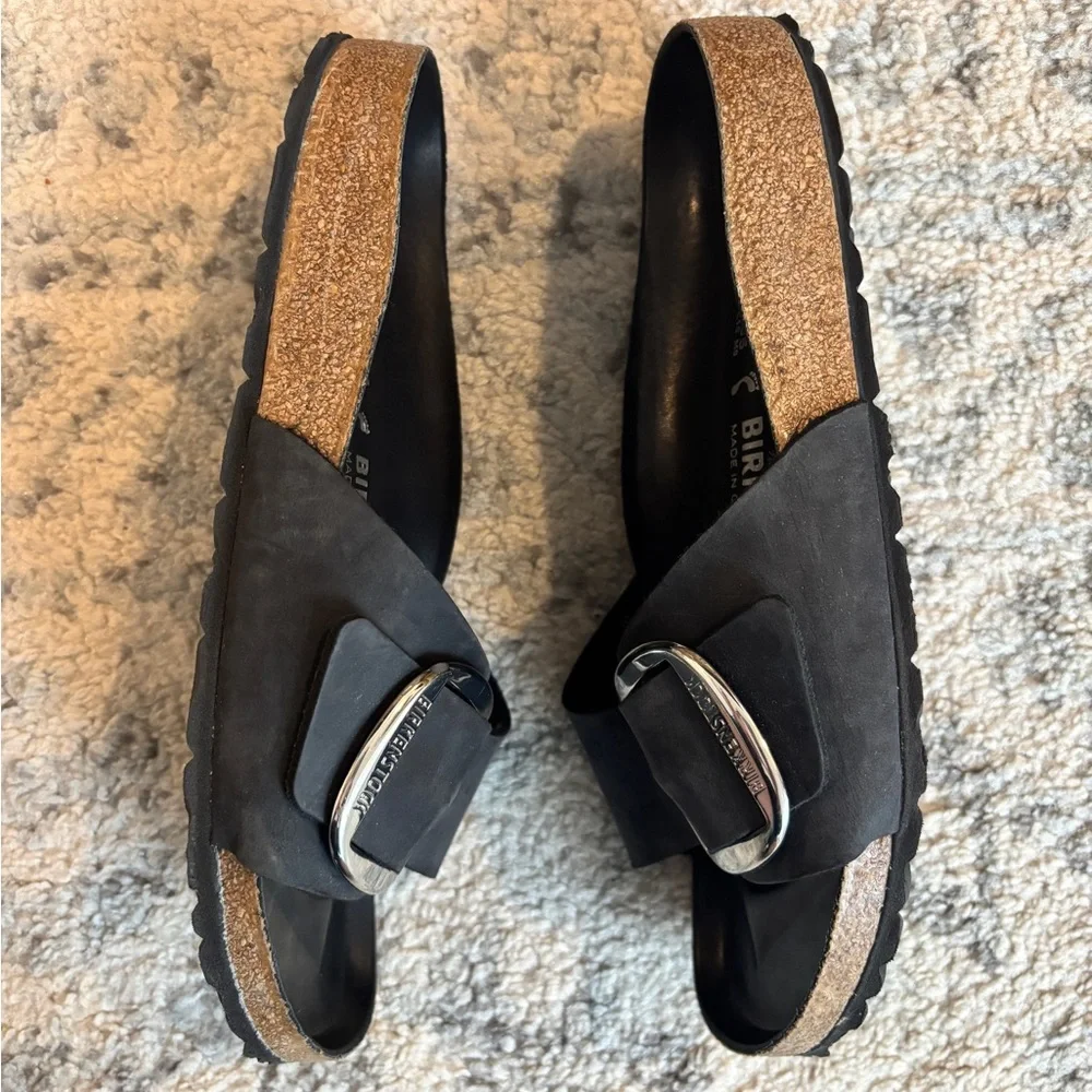 Birkenstock Madrid Black Slide Sandals with Large Silver Buckles - Picture 4 of 6
